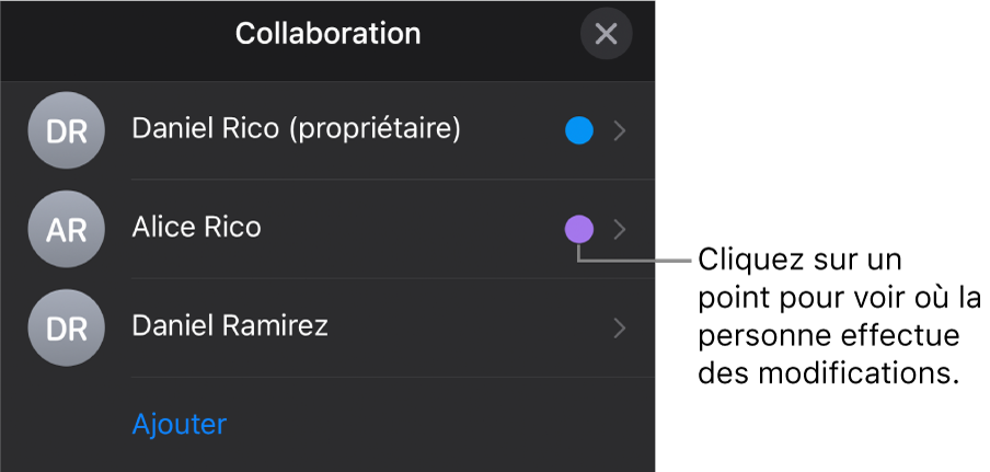 La liste des participants comprend trois participants et un point de couleur différente à droite de chaque nom.