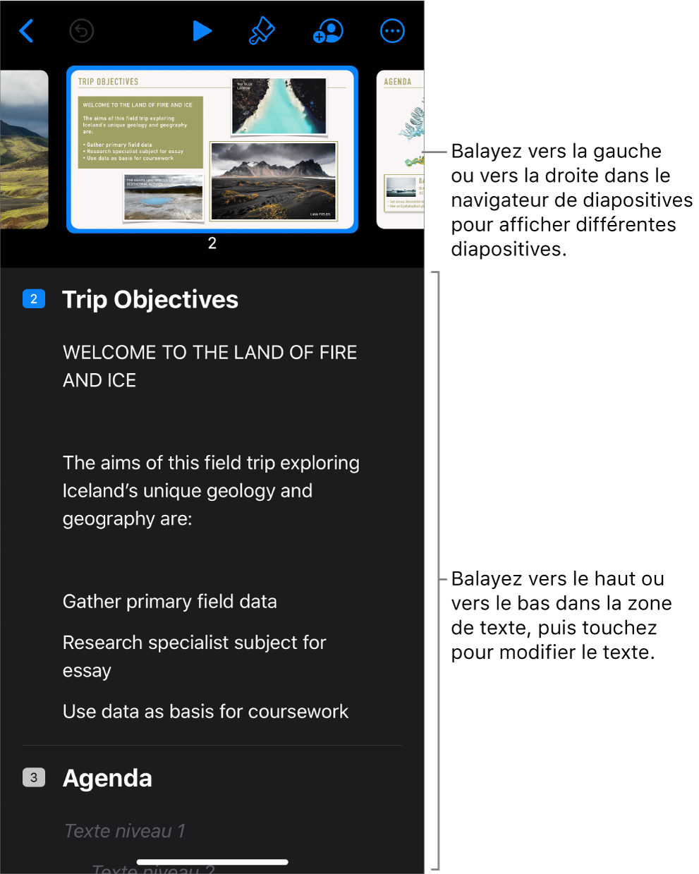 Mode Structure accompagné du navigateur de diapositives horizontal en haut de l’écran et de la structure en texte d’une présentation au bas.