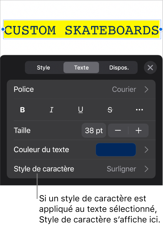 Commandes de mise en forme du texte avec Style de caractère sous les commandes de couleur. Style de caractère Aucun affiché avec un astérisque.