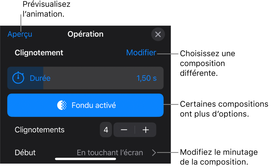 Les options de composition comprennent les minutages Durée et Début. Touchez Modifier pour choisir une composition différente, ou touchez Aperçu pour la prévisualiser.