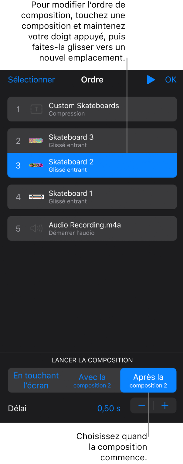 Liste Ordre de composition affichant les effets d’entrée avec des pastilles jaunes et les effets de sortie avec des pastilles grises.