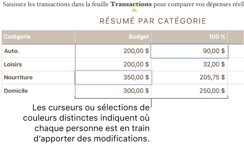 Des curseurs ou des sélections de couleurs différentes indiquent où différentes personnes sont en train de modifier.