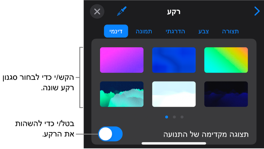 כלי הבקרה של רקעים דינמיים עם התמונות הממוזערות של סגנונות רקע והכפתור ״תצוגה מקדימה של התנועה״.