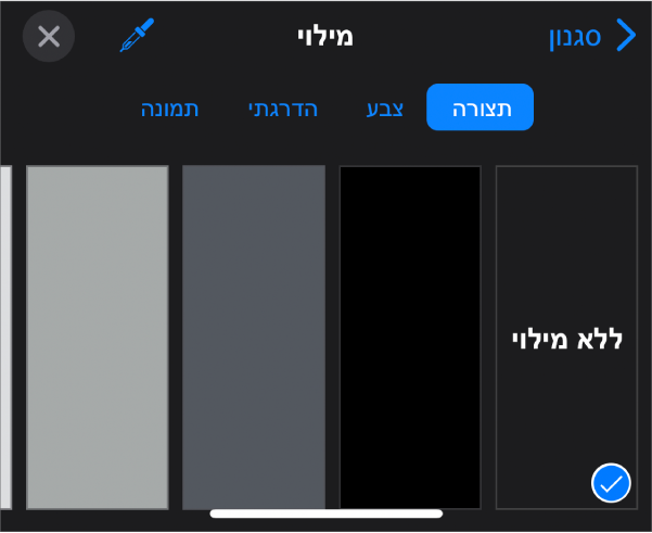 כלי הבקרה של ״מילוי״ שמתוכם נבחרה האפשרות ״ללא מילוי״.