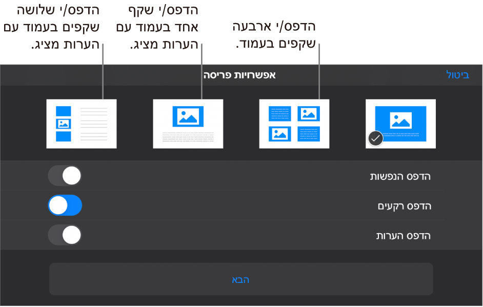 אפשרויות פריסת הדפסה.