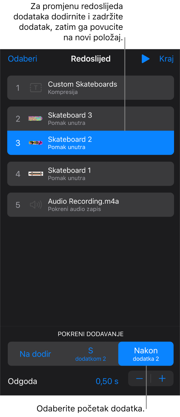 U popisu Redoslijeda dodataka dodani efekti prikazuju se sa žutim bedževima, a izuzeti efekti prikazuju se sa sivim bedževima.