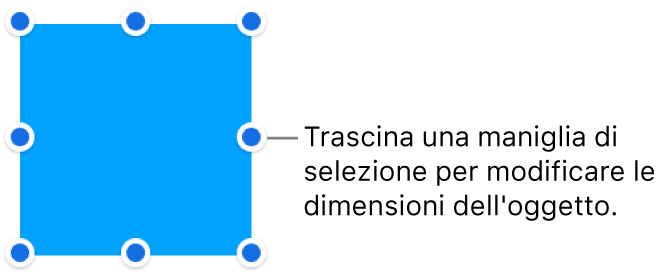 Un oggetto con punti blu sul bordo per la modifica delle dimensioni.