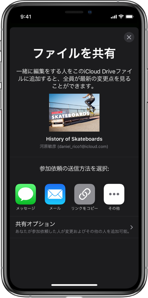 「人を追加」画面。共有されているプレゼンテーションの写真が表示されています。その下には、「メッセージ」や「メール」、「リンクをコピー」、「詳細」など、参加依頼を送信する方法のボタンがあります。下部には「共有オプション」ボタンがあります。