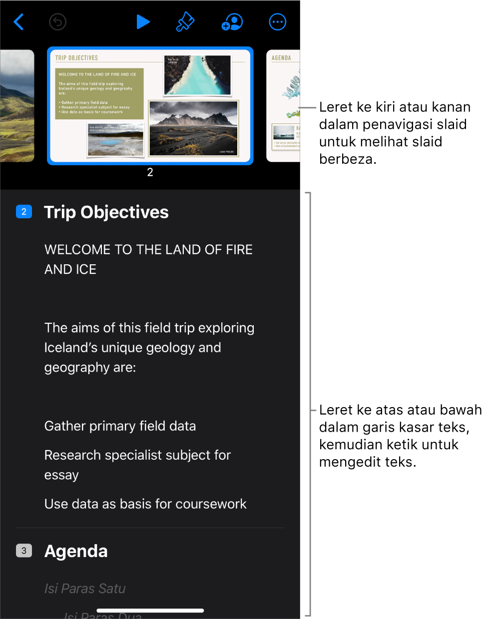 Paparan rangka dengan penavigasi slaid mendatar di bahagian atas skrin dan rangka teks pembentangan di bahagian bawah.