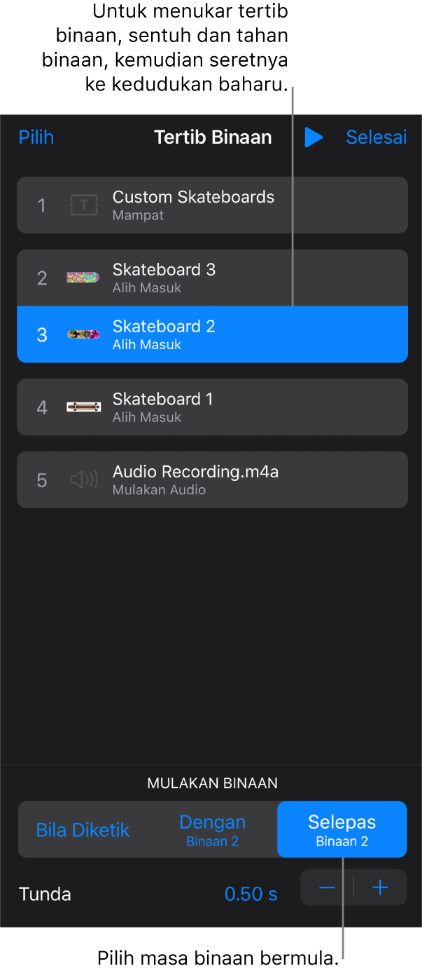 Senarai Tertib Binaan menunjukkan kesan bina masuk dengan lencana kuning dan kesan bina keluar dengan lencana kelabu.