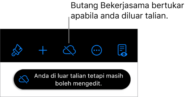 Butang di bahagian atas skrin dengan butang Bekerjasama bertukar menjadi awan dengan garis pepenjuru merentasinya. Isyarat pada skrin menyatakan “Anda di luar talian tetapi masih boleh mengedit”.