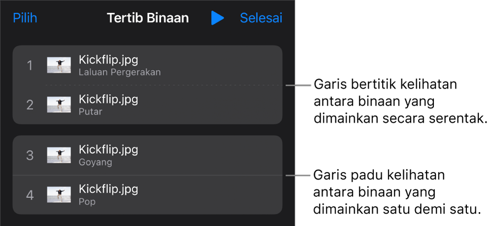 Menu Tertib Binaan, dengan garis bertitik kelihatan antara binaan yang dimainkan serentak dan garis padu antara binaan yang dimainkan satu demi satu.