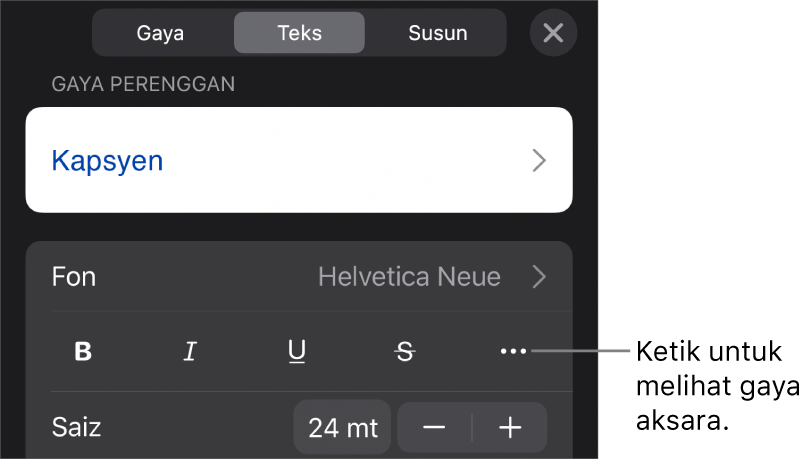 Kawalan Format dengan gaya perenggan di bahagian atas, kemudian kawalan Fon. Di bawah fon ialah butang Tebal, Italik, Garis Bawah, Garis Potong dan Lebih Banyak Pilihan Teks.