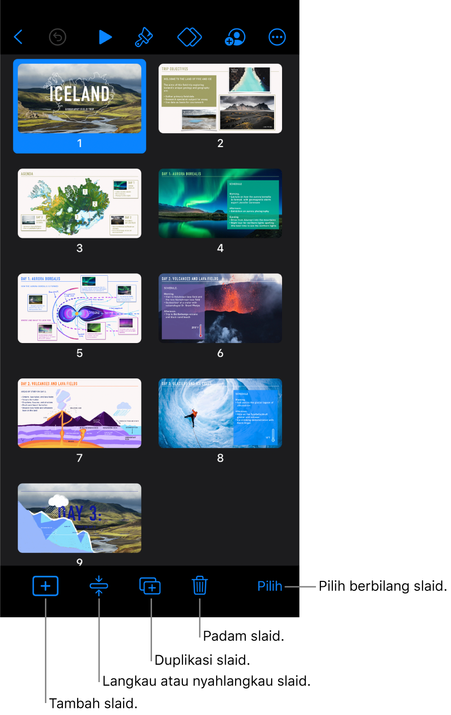 Paparan jadual ringkas dengan butang di bahagian bawah skrin untuk menambah, melangkau, menduplikasi, memadam slaid dan untuk memilih berbilang slaid.