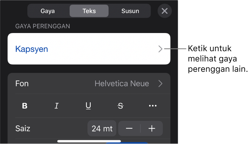 Menu Format menunjukkan kawalan teks untuk mengesetkan perenggan dan gaya, fon, saiz dan warna aksara.