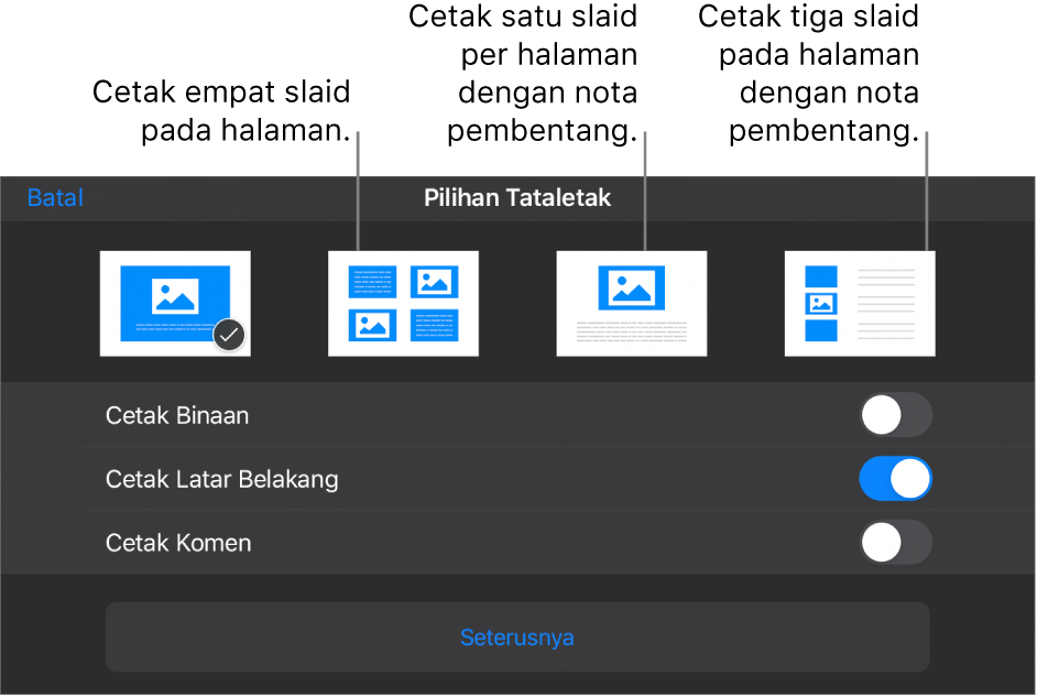 Pilihan tataletak cetakan.