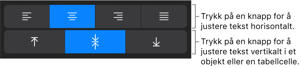 Knapper for horisontal og vertikal justering av tekst.
