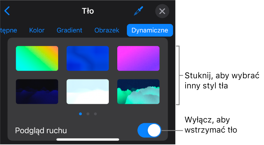 Dynamiczne narzędzia tła z widocznymi miniaturkami stylu tła i przyciskiem Podgląd ruchu.