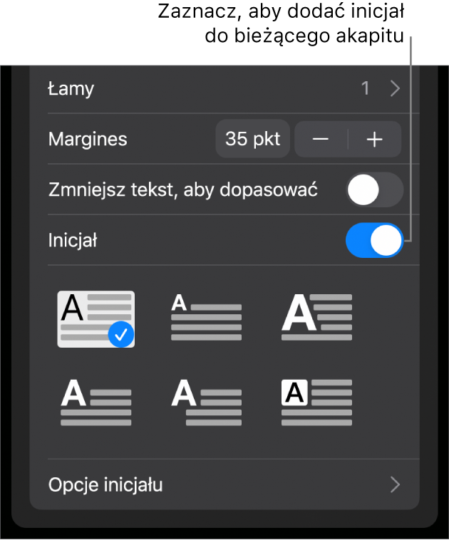 Narzędzia inicjału znajdujące się na dole menu Tekst.