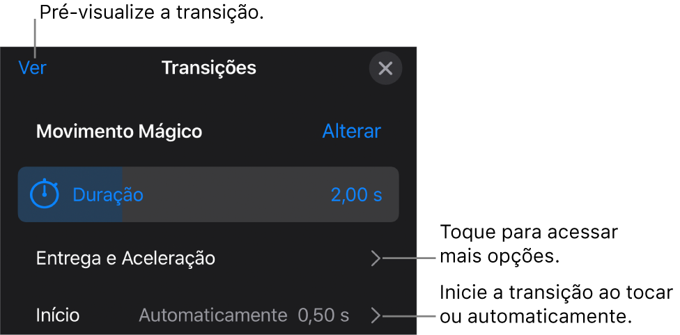 Controles de Movimento Mágico no painel Transições.