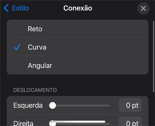 Os controles de Conexão com Curva selecionada.