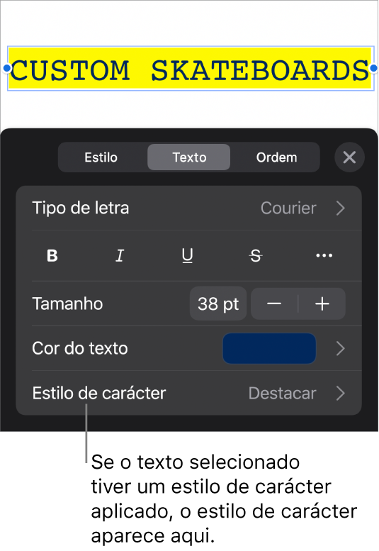 Os controlos de formatação de Texto com o “Estilo de carácter” por baixo dos controlos de cor. O estilo de carácter Nenhum aparece com um asterisco.
