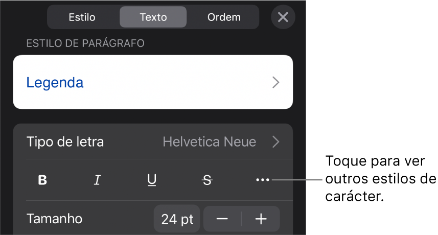 Os controlos de Formatação com estilos de parágrafo na parte superior e depois os controlos de tipo de letra. Sob “Tipo de letra” encontram-se os botões Negrito, Itálico, Sublinhado, Riscado e “Mais opções de texto”.