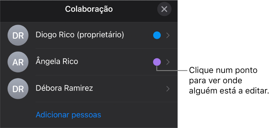 A lista de participantes com três participantes e um ponto de cor diferente à direita de cada nome.