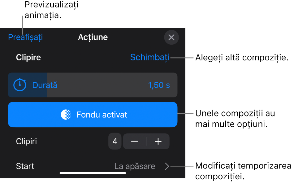 Opțiunile de compoziție includ Durata și Începere temporizare. Apăsați Schimbați pentru a alege o altă compoziție sau apăsați Preafișează pentru a previzualiza compoziția.