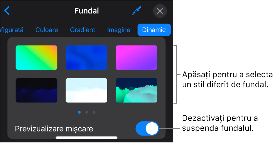 Comenzile pentru fundalul dinamic, cu miniaturile pentru stilul de fundal și butonul Previzualizare mișcare afișat.