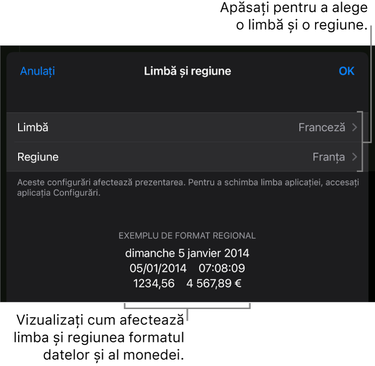 Panoul Limbă și regiune, cu comenzile pentru limbă și regiune și un exemplu de format, inclusiv data, ora, zecimale și valuta.