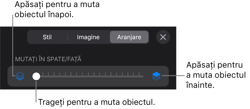 Butonul Deplasare înapoi, butonul Deplasare înainte și glisorul pentru straturi.