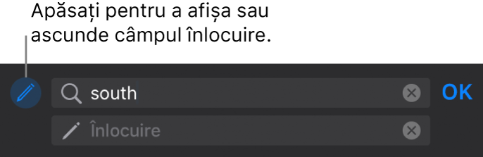 Comenzi pentru găsirea și înlocuirea textului.