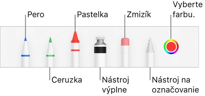 Panel s nástrojmi kreslenia s perom, ceruzkou, pastelkou, výplňou, zmizíkom, nástrojom výberu a vzorkovníkom farieb zobrazujúcim aktuálnu farbu.