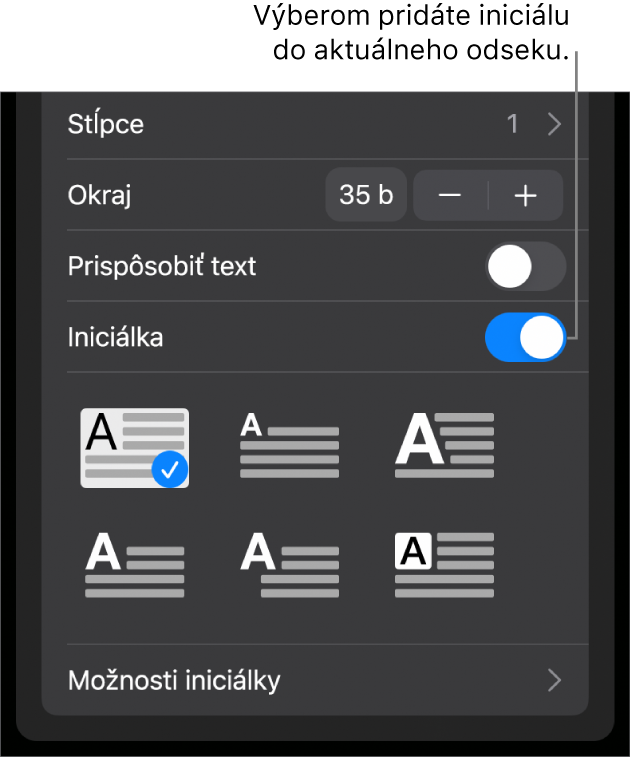 Ovládacie prvky Iniciálka v spodnej časti menu Text.