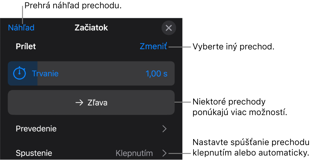 Ovládacie prvky na paneli Možnosti na modifikáciu prechodu.