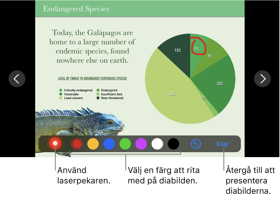 En diabild i illustrationsläge för diabilder, med laserpekaren och färgmarkeringsreglage.