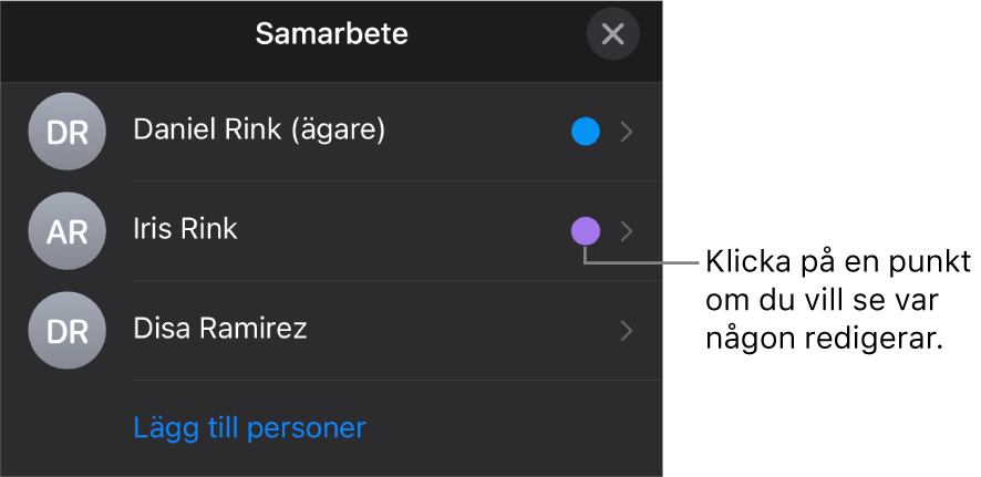Deltagarlistan med tre deltagare och en olikfärgad punkt till höger om varje namn.