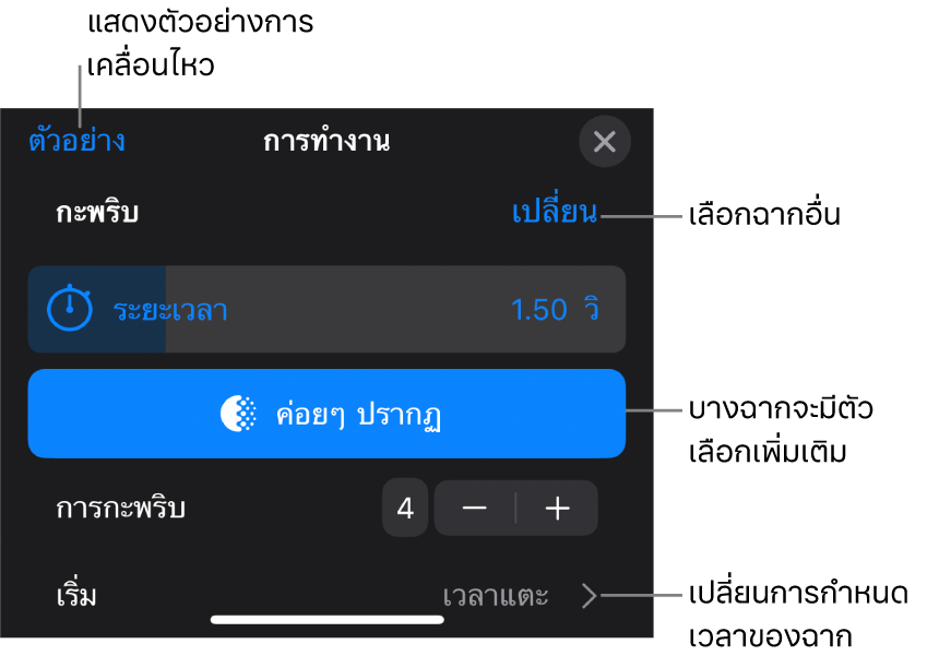 ตัวเลือกฉากรวมถึงระยะเวลาและกำหนดเวลาเริ่มต้น แตะ เปลี่ยน เพื่อเลือกฉากอื่น หรือแตะ แสดงตัวอย่าง เพื่อแสดงตัวอย่างฉาก