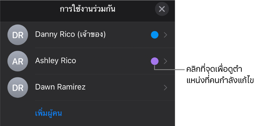 รายชื่อผู้เข้าร่วมที่มีผู้เข้าร่วมสามรายและมีจุดสีต่างๆ อยู่ด้านขวาของแต่ละชื่อ