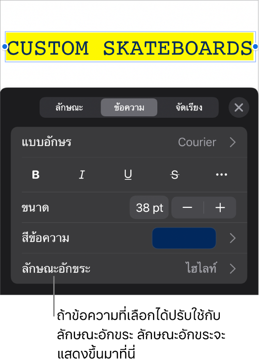 ตัวควบคุมการจัดรูปแบบข้อความที่มีลักษณะอักขระด้านล่างตัวควบคุมสี ลักษณะอักขระ ไม่มี แสดงพร้อมกับเครื่องหมายดอกจัน