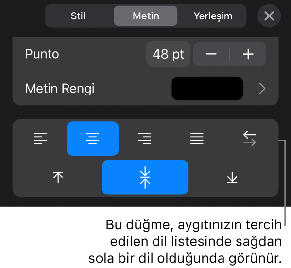Sağdan Sola düğmesini gösteren bir belirtme çizgisi ile Biçim menüsündeki metin denetimleri.