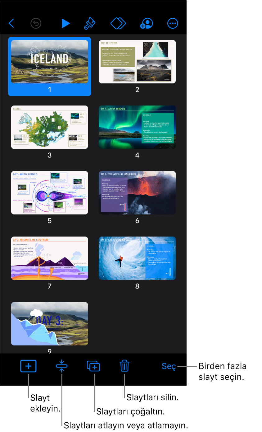 Ekranın en altında slayt ekleme, atlama, çoğaltma, silme ve birden fazla slayt seçme düğmeleriyle ışıklı masa görüntüsü.