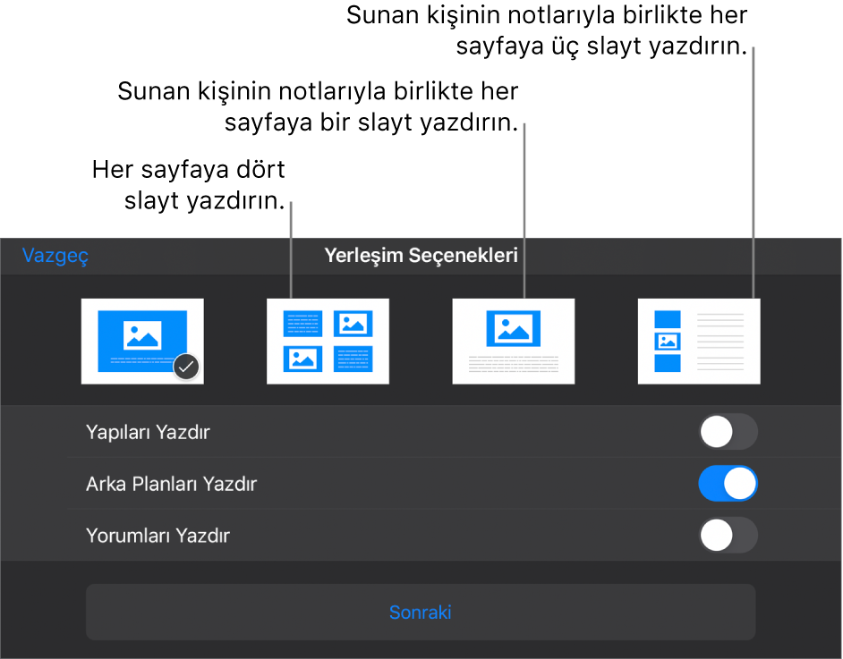 Yazdırma yerleşimi seçenekleri.