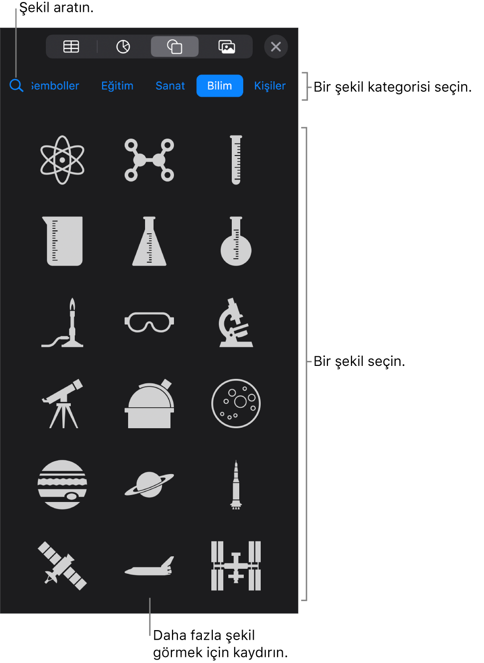 En üstte kategorilerin ve onun altında şekillerin gösterildiği şekil arşivi. Şekil bulmak için arama alanını kullanabilir ve daha fazlasını görmek için kaydırabilirsiniz.