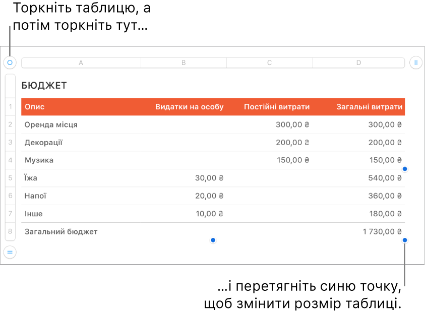 Вибрана таблиця із синіми точками, які призначені для редагування розміру.