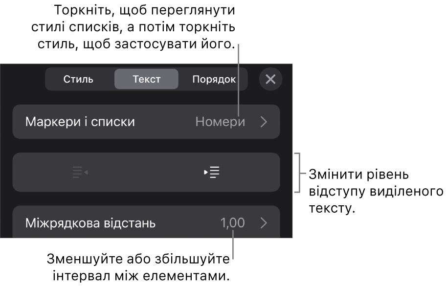 Розділ «Маркери і списки» елементів керування «Формат» з виносками на «Маркери і списки», кнопки виступів і відступів та елементи керування інтервалами.