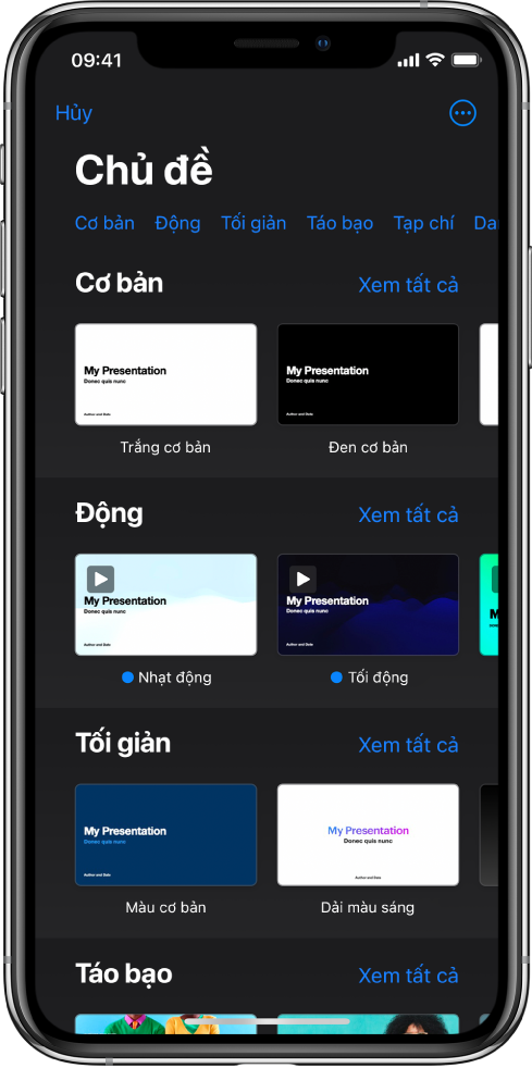  Bộ chọn chủ đề, đang hiển thị một hàng các danh mục dọc trên cùng mà bạn có thể chạm để lọc các tùy chọn. Nút Thêm nằm ở góc trên cùng bên phải nơi bạn có thể đặt định dạng Tiêu chuẩn hoặc Rộng và đặt định dạng cho ngôn ngữ hoặc vùng cụ thể. Bên dưới là các hình thu nhỏ của các mẫu được thiết kế sẵn được sắp xếp trong các hàng theo danh mục. Nút Xem tất cả sẽ xuất hiện phía trên và ở bên phải của từng hàng danh mục.