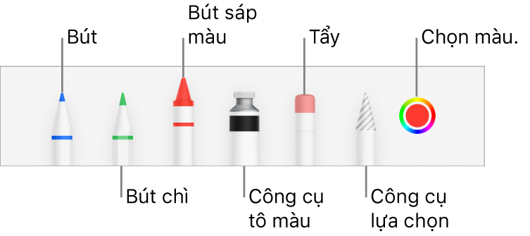 Thanh công cụ vẽ với bút, bút chì, bút sáp màu, công cụ tô màu, tẩy, công cụ chọn và ô màu hiển thị màu hiện tại.