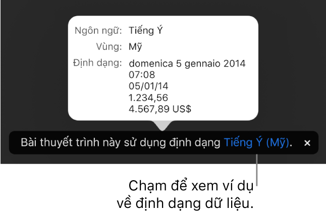 Thông báo về cài đặt ngôn ngữ và vùng khác, đang hiển thị các ví dụ về định dạng trong ngôn ngữ và vùng đó.